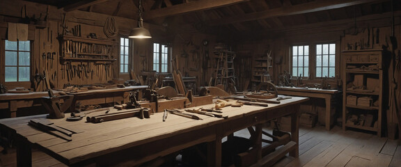 Woodworking workshop. 1800's, candle light era with french European feel. An old shed type wood worker work place with old tools and rustic feel. 
