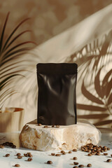 Black coffee bag mockup. Coffee bag placed on marble stone with coffee beans - 761775624