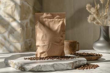 Craft coffee bag mockup. Coffee bag placed on marble stone with coffee beans - 761775659