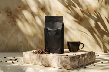 Black coffee bag mockup. Coffee bag placed on marble stone with coffee beans - 761775661
