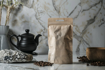 Craft coffee bag mockup. Coffee bag with coffee beans - 761775697
