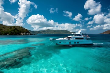 Exclusive luxury yacht cruising. Sleek 120ft motor yacht sailing through the Indians crystal water