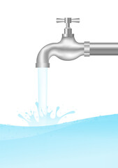 Water Tap or Faucet with Flowing Water. Save Water Concept. Vector Illustration. 
