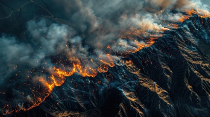 Aerial view of a raging wildfire spreading through mountain terrain - obrazy, fototapety, plakaty