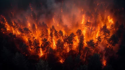 Afwasbaar Fotobehang Bruin Forest inferno: raging wildfires devastate landscapes on a global scale.