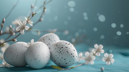 Fototapeta premium Easter eggs on a blue background with space for text with a turquoise and silver color scheme. Easter holiday themed image with easter eggs. Easter background for advertising, postcards, banners