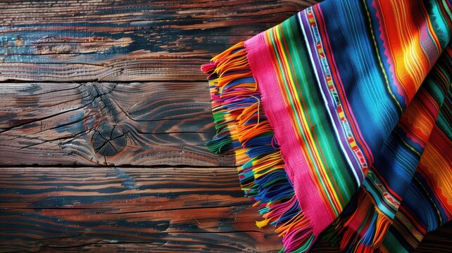 A bright, multicolored Mexican serape draped over a textured wooden background, rich in pattern