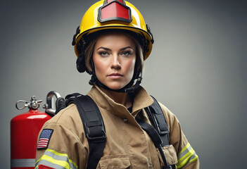 Courageous woman firefighter in full protective gear, confidently standing ready for action with a determined expression