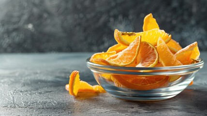 Slices of juicy orange citrus fruit served in a clear glass bowl on a cold, frosty surface,...