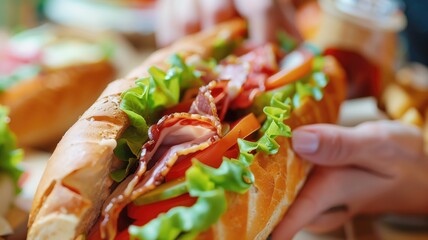 A hand holding a delicious sub sandwich loaded with fresh ingredients and savory meats