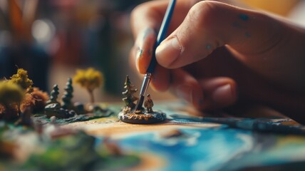 A detailed scene of miniature painting, with a focus on a small figure and trees - obrazy, fototapety, plakaty