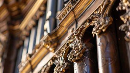Close-up of wooden organ pipes with elaborate carvings, reflecting the grandeur of musical history