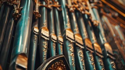 Obraz premium Elegant organ pipes with gilded accents capture the essence of classical music and architectural design