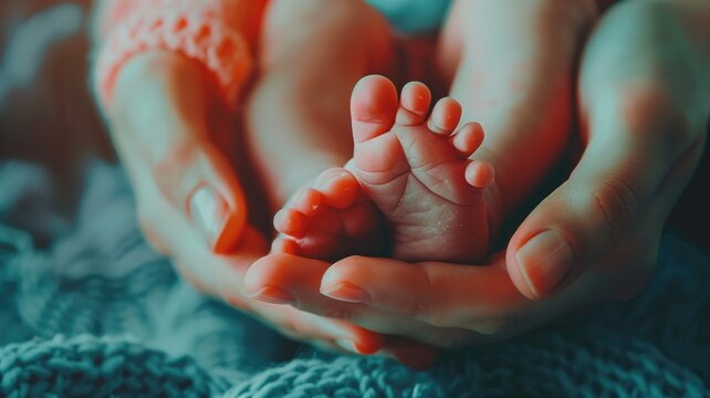 Tiny newborn feet nestled safely in the gentle embrace of a parent's hands, symbolizing care and protection