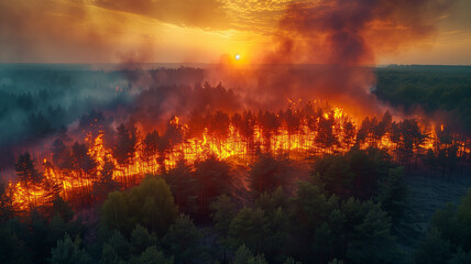 Inferno's grasp: forests consumed by flames, a grim reality of worldwide disaster. - obrazy, fototapety, plakaty