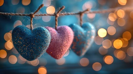 Be My Valentine - Heart-Shaped Background in Blue and Pink with Gold Bokeh Lights and String of Hearts - Perfect for Valentine's Day Greetings!