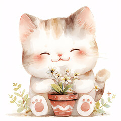 Kawaii cute cat with a flower, watercolor illustration - 761777201