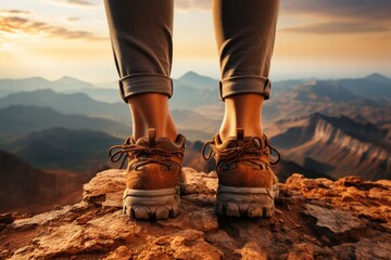 Close-up of hiking shoes on mountain trail during nature adventure and outdoor exploration - obrazy, fototapety, plakaty