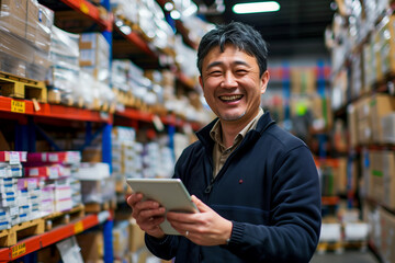 Japanese man worker in store warehouse using tablet and smiling