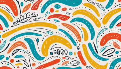 Fun colorful line doodle seamless pattern. Creative minimalist style art background for children or trendy design with basic shapes. Simple childish scribble backdrop. - obrazy, fototapety, plakaty