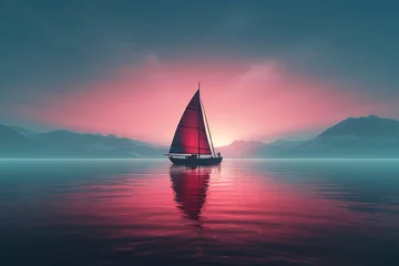 Foto op Plexiglas a sailboat on water with mountains in the background © Gheorghe