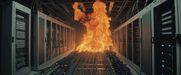 Burning process. data center on fire. Hand edited generative AI.     - obrazy, fototapety, plakaty