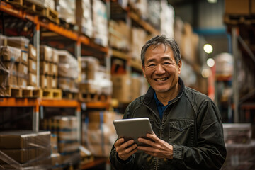 Japanese man worker in store warehouse using tablet and smiling