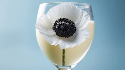 Glass of poppy seed milk with black poppy flower on table. Vegan milk concept. Aesthetics of milk