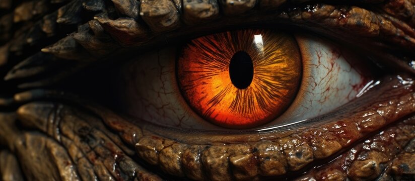 A macro photography closeup of a dragons brown eyelash surrounding a red eye, creating a mesmerizing symmetrical circle art on the wooden surface