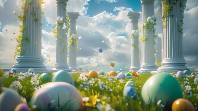 Easter eggs and daisies among pillars with spring flowers. Seasonal holiday concept with copy space.