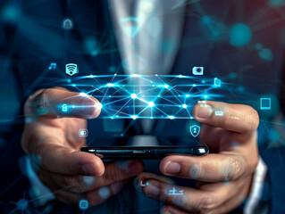 Businessman using mobile phone with cyber security technology for protecting personal data and secure internet access 
