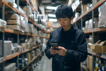Japanese man worker in store warehouse using tablet and smiling