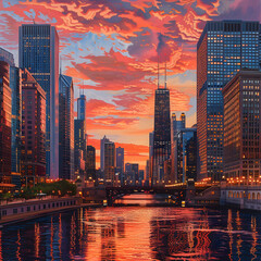 Illinois Skyline: A Dazzling Blend of Natural Splendour and Architectural Brilliance - obrazy, fototapety, plakaty