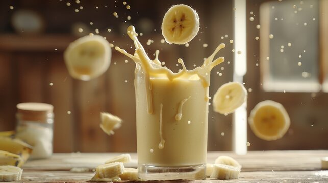 Dynamic splash with banana and milk creating a refreshing and delicious banana milkshake concept. Culinary arts and food photography concept