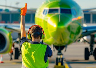 Ground crew member directing airplane on tarmac, airport operations concept.