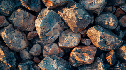 Rough iron ore stones, highlighting mineral richness and mining concept. Seamless rock repeating texture.
