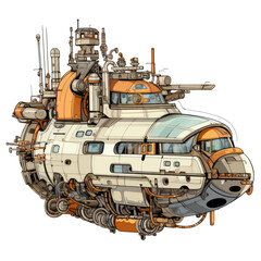 Ship composed of scrap robots. 2D vector. White background.