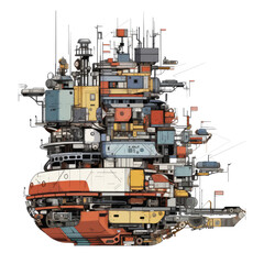 Ship composed of scrap robots. 2D vector. White background.