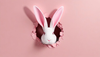 Naklejka na ściany i meble Adorable Easter Bunny Peeking Through Pink Wall Hole, Spring Celebration