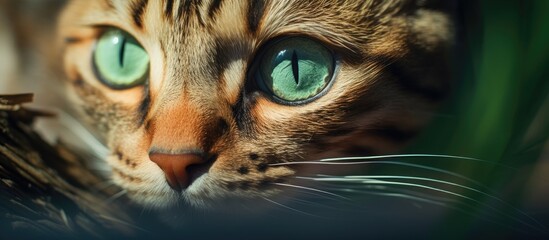 A close up of a small to mediumsized cats face with green iris eyes, whiskers, and fur. The carnivore belongs to the Felidae family, a terrestrial animal in wildlife - obrazy, fototapety, plakaty