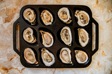 Oyster, shucked, dozen, raw, fresh, roasting pan, no people, seafood, cooking, 