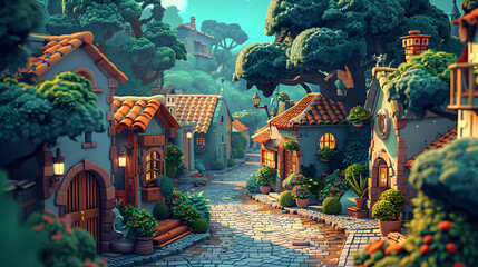 blue night,low angle,In the center winding road,cute,Create an image of a charming village scene with a soft isometric perspective. Include stylized, exaggerated trees with lush, round canopies in sha