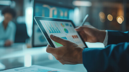 In a contemporary office setting, a businessman executive reviews a project timeline on a digital tablet with a businesswoman, discussing deadlines and deliverables, with copy space