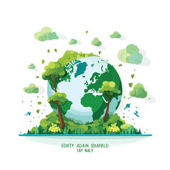 Earth day with world and green tree background flat
