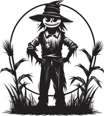 FrightField Emblem Black Scarecrow Design ReaperRustic Icon Halloween Vector Emblem