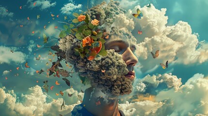 Surreal portrait with floral and cloud elements and butterflies. Creative digital art concept for poster and wallpaper design