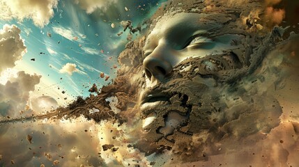 Artistic depiction of a human face blending with a dusty landscape. Surreal digital art with a conceptual nature transformation theme. Design for poster, banner, book cover