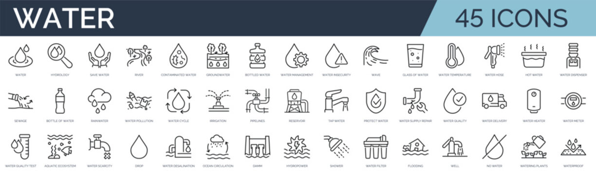 Set of 45 outline icons related to water. Linear icon collection. Editable stroke. Vector illustration