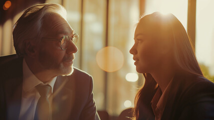 A mentorship moment where a seasoned businessman executive advises a young businesswoman, their interaction illuminated by soft natural light, emphasizing guidance and growth, with copy space