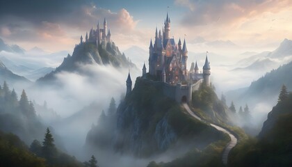 Visualize An Enchanted Castle Atop A Misty Mounta